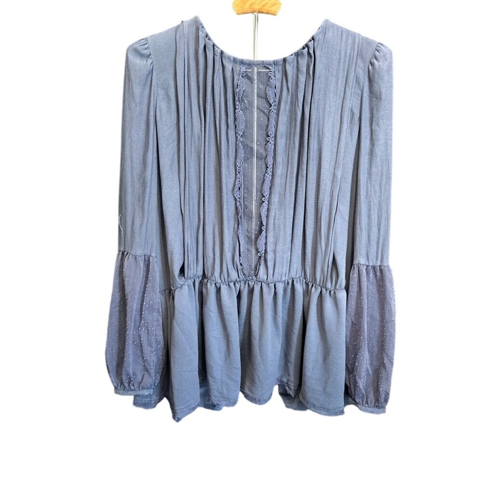 Free People Women Dusty Blue Swiss Dot Mesh Peplum Blouse Crochet Lace Trim Top
